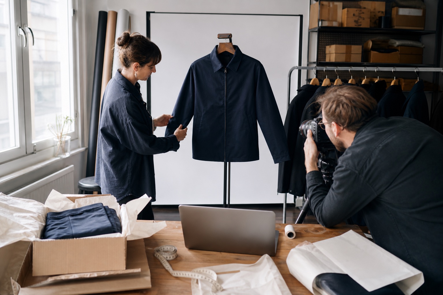 Produktteam fotograferar en jacka och förbereder innehåll för en webbutik