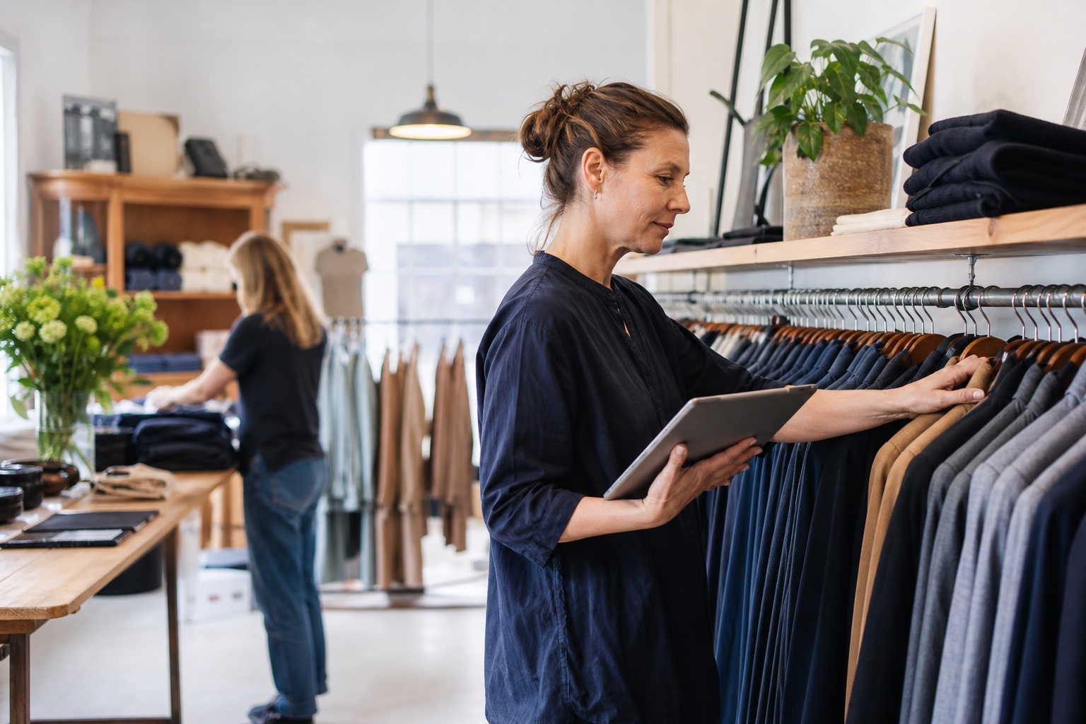 Butiksägare går igenom sortiment och lager med en surfplatta i en fristående klädbutik